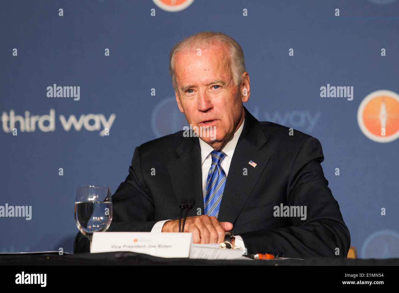 US Vice President Joe Biden makes a point during  roundtable discussion on the future of workforce development at the Third Way conference the Ronald Reagan Building June 4, 2014 in Washington, DC. Stock Photo