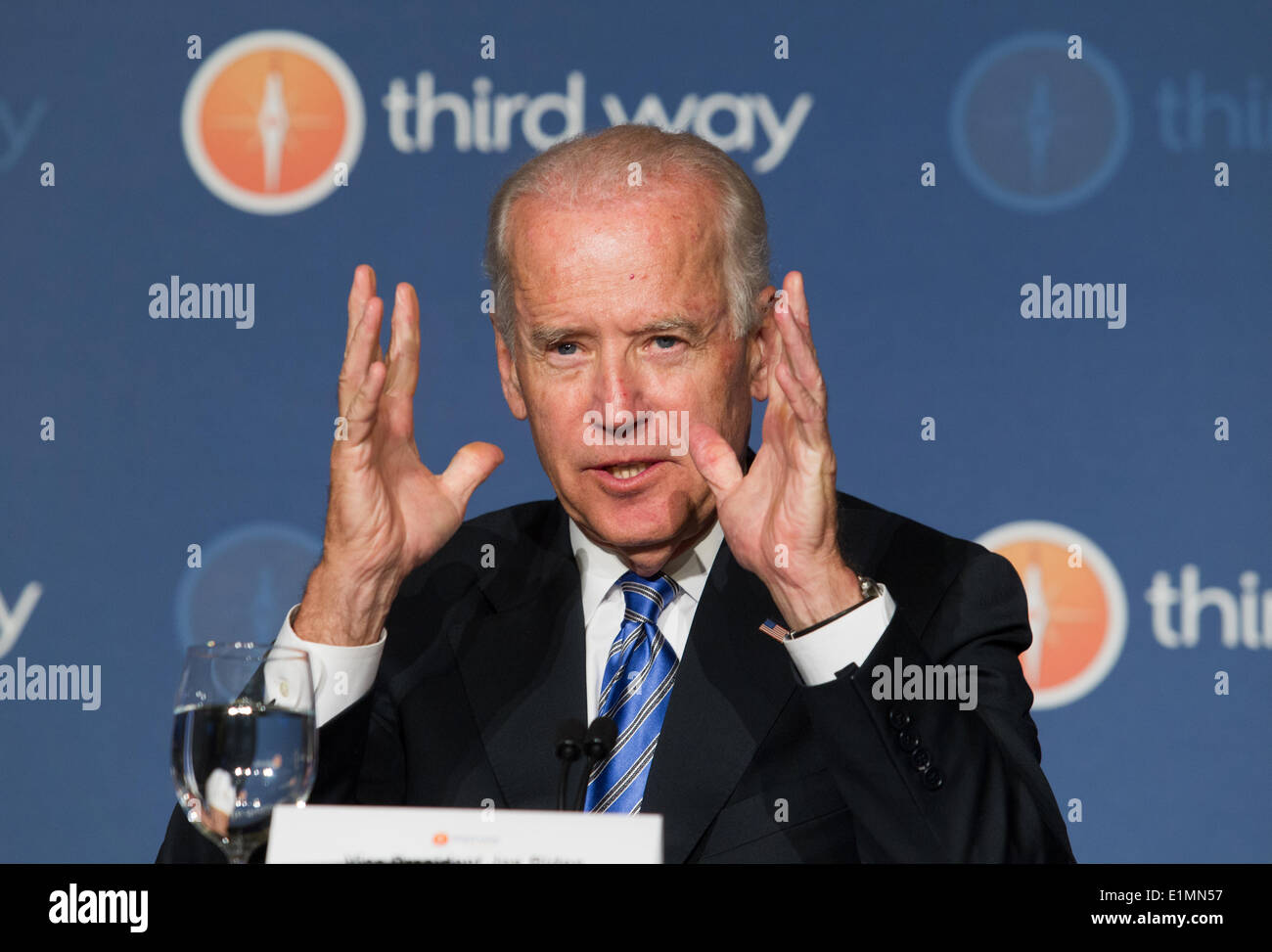 US Vice President Joe Biden makes a point during roundtable discussion on the future of workforce development at the Third Way conference the Ronald Reagan Building June 4, 2014 in Washington, DC. Stock Photo