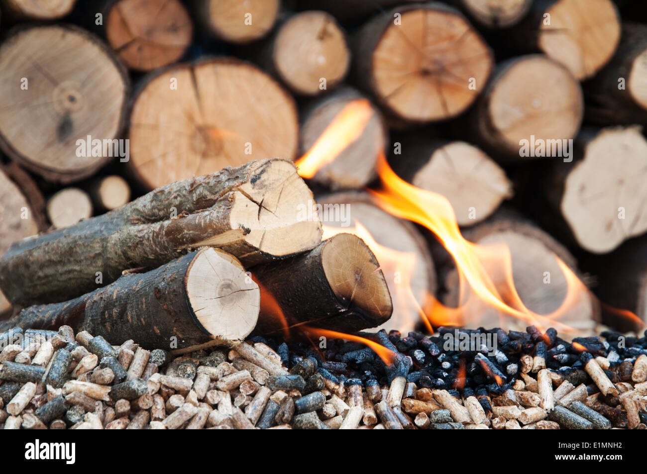 Different kind of pellets and fire woods in flames Stock Photo