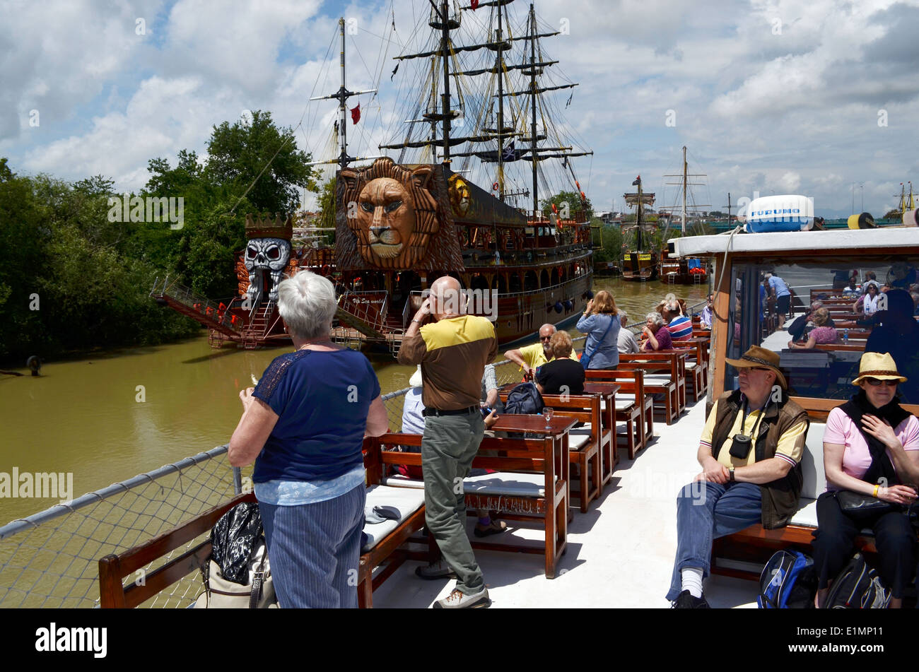 Boat trip with lunch aboard, way to spend time in Antalya. Boats are decorated as Pirate Ships. Stock Photo