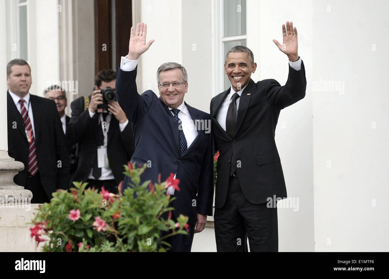 President Obama and Polish President Komorowski Wave at the Belweder Palace Stock Photo