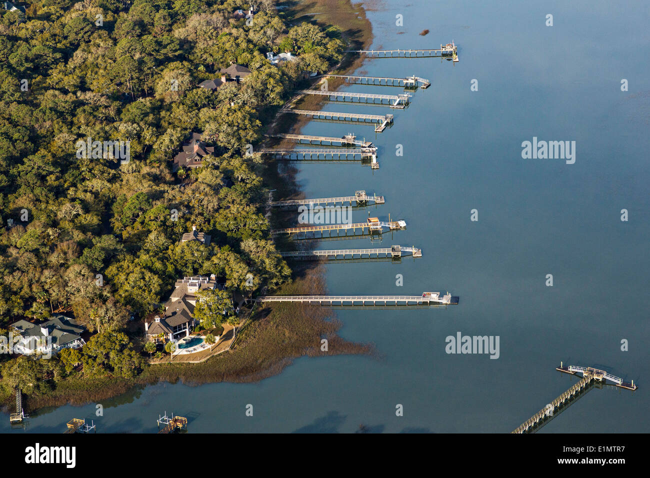 Aerial view of luxury homes and docks in Kiawah Island, SC. Stock Photo