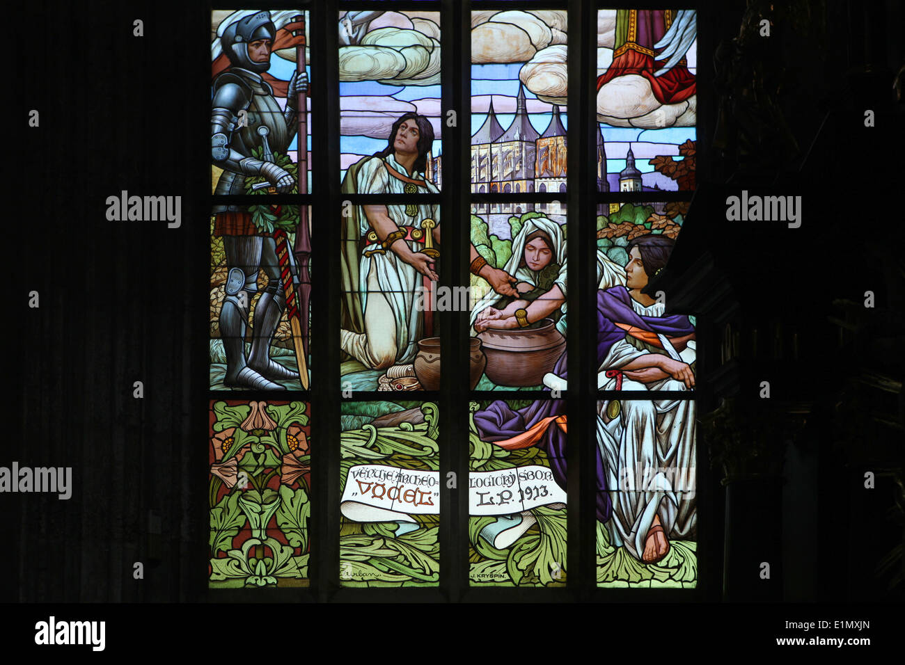 Stained glass window by Frantisek Urban in Saint Barbara's Church in Kutna Hora, Czech Republic. Stock Photo
