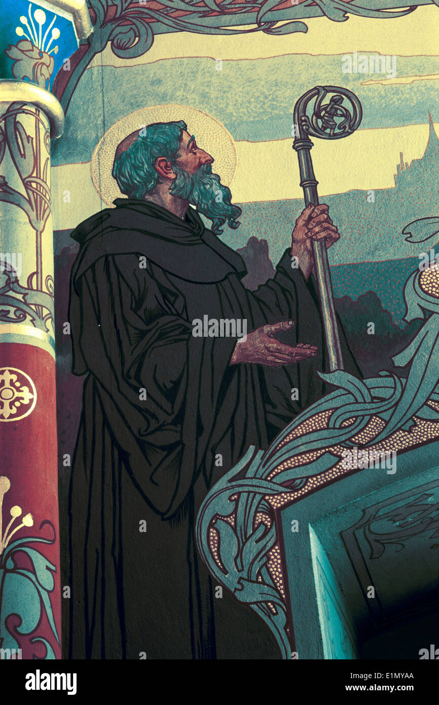 St Procopius of Sazava. Art Nouveau mural painting in St Wenceslas ...