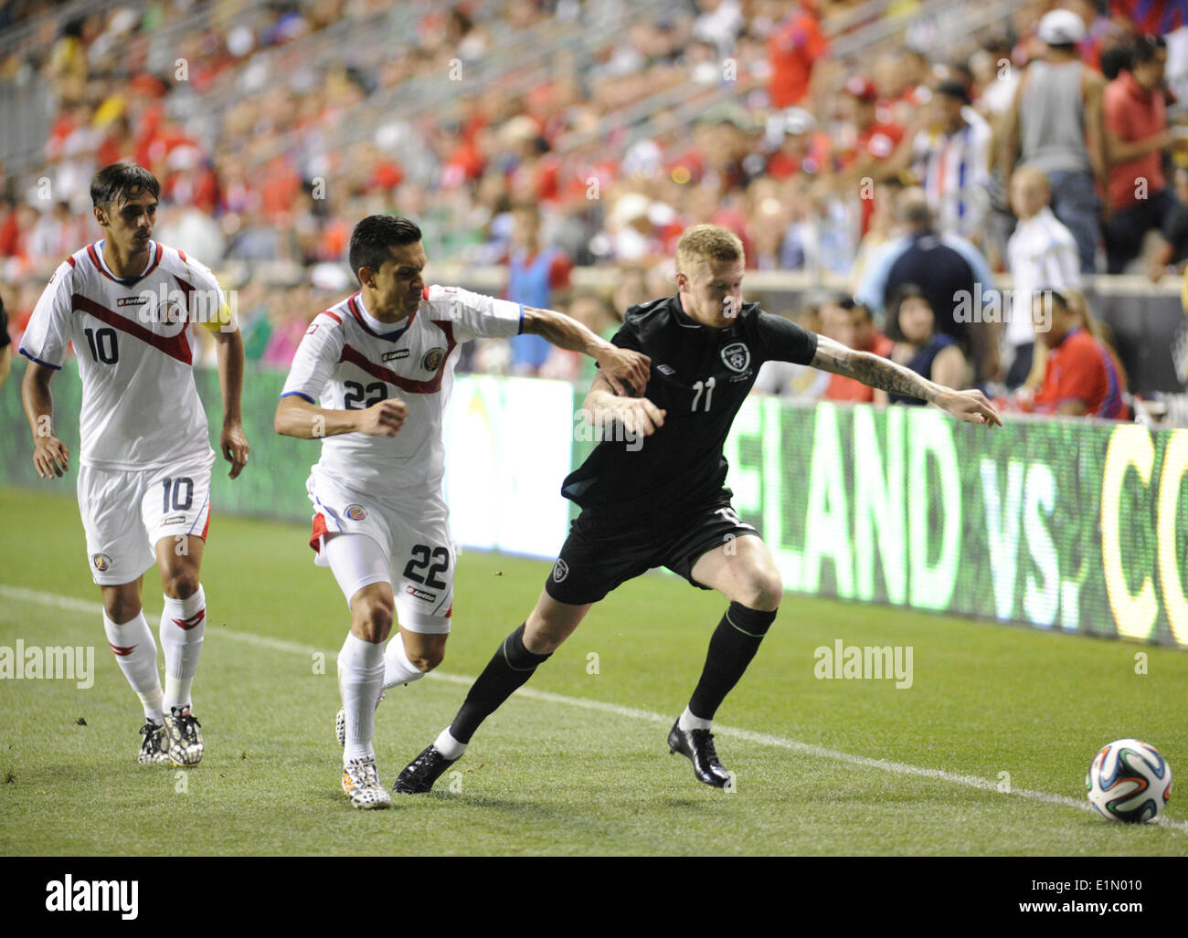 Chester, Pennsylvania, USA. 6th June, 2014. Costs Rica player, JOSE MIGUEL CUBERO (22) in action against Ireland player, JAMES MCCLEAN (1I) during the Freedom Cup match held at PPL Park in Chester Pa Credit:  Ricky Fitchett/ZUMAPRESS.com/Alamy Live News Stock Photo