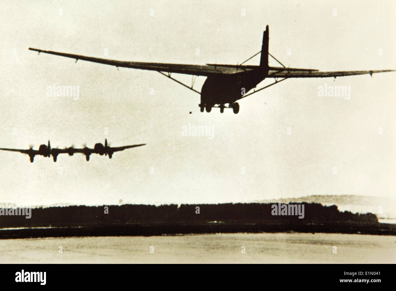 The Messerschmitt Me 321 Gigant was a massive transport glider used by the Luftwaffe during World War II. It was towed by the Heinkel He 111Z, a heavy bomber modified for the towing mission. This aircraft was used for large cargo and troop movements. Stock Photo