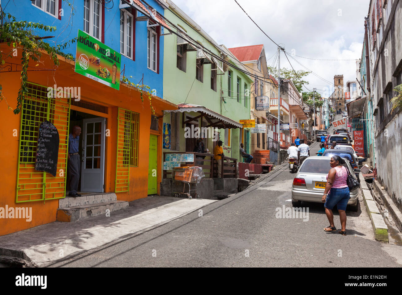 View along St Juille Street, St Grenada, west Indies with the
