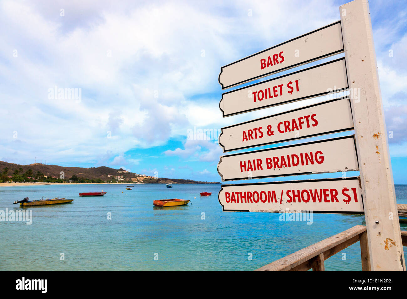 Sign post on the beach at Grand Anse, St Grenada, West Indies