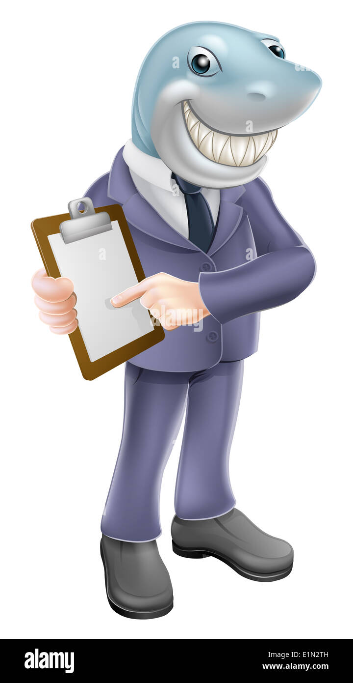 An illustration of a cartoon shark business man holding a clipboard or contract and smiling. Concept for unscrupulous, dishonest Stock Photo