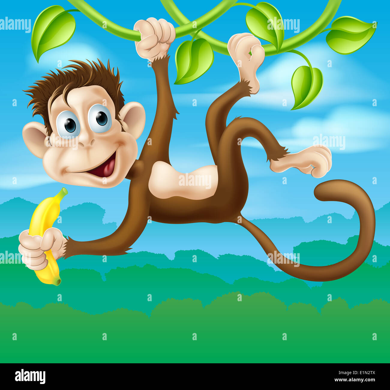 An illustration of a cartoon monkey in the jungle swinging on a vine holding a banana Stock Photo