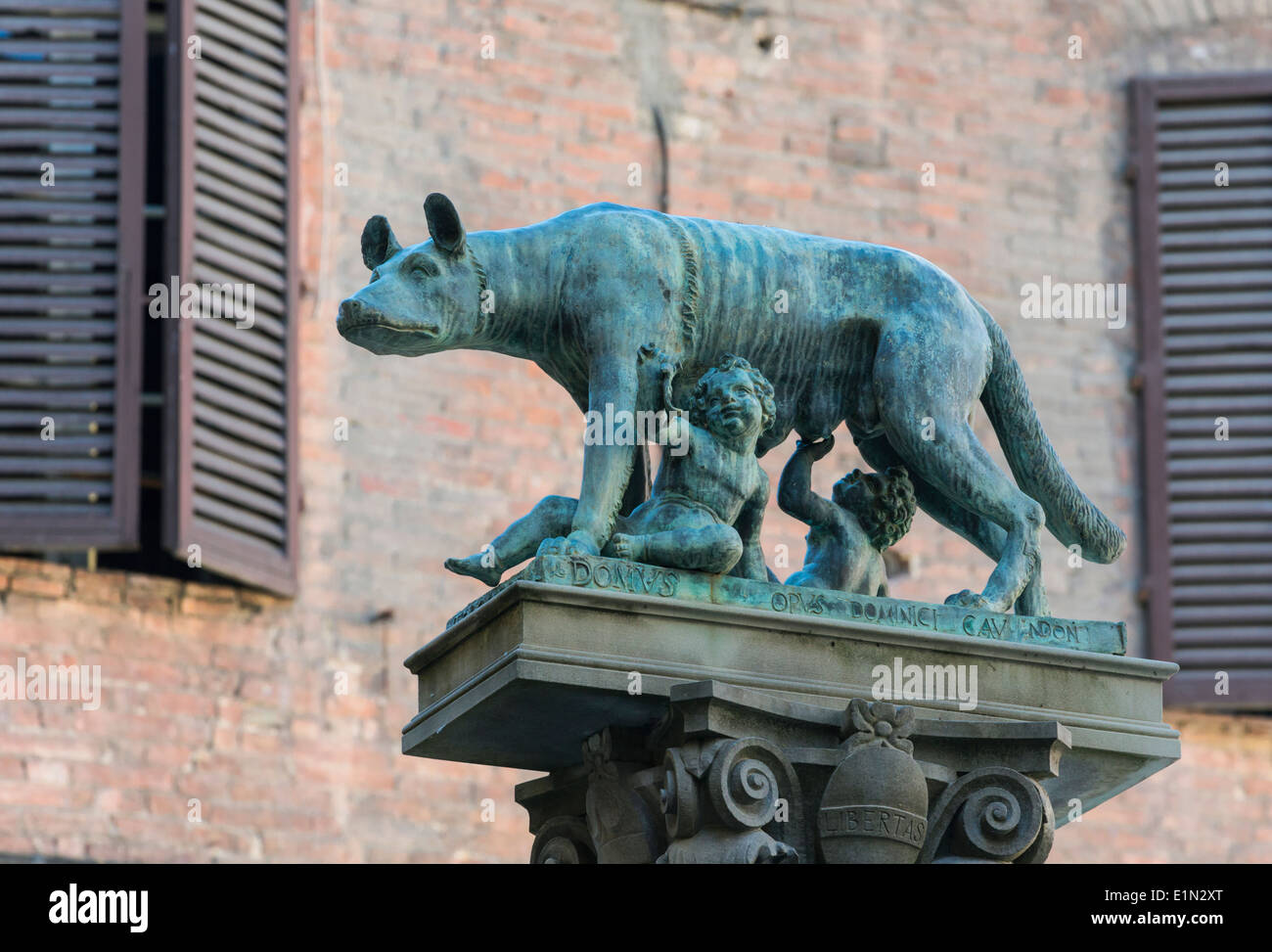 Siena, Siena Province, Tuscany, Italy. Statue of Romulus and Remus being suckled by the shewolf