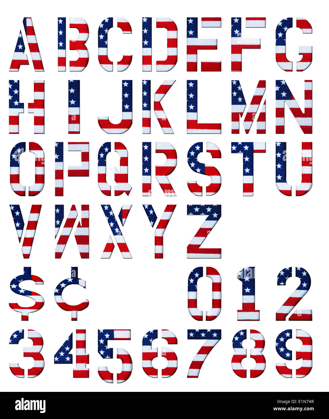 Letters, numbers and dollar & cent signs cut out from USA flag like those typically used in american politics. Stock Photo