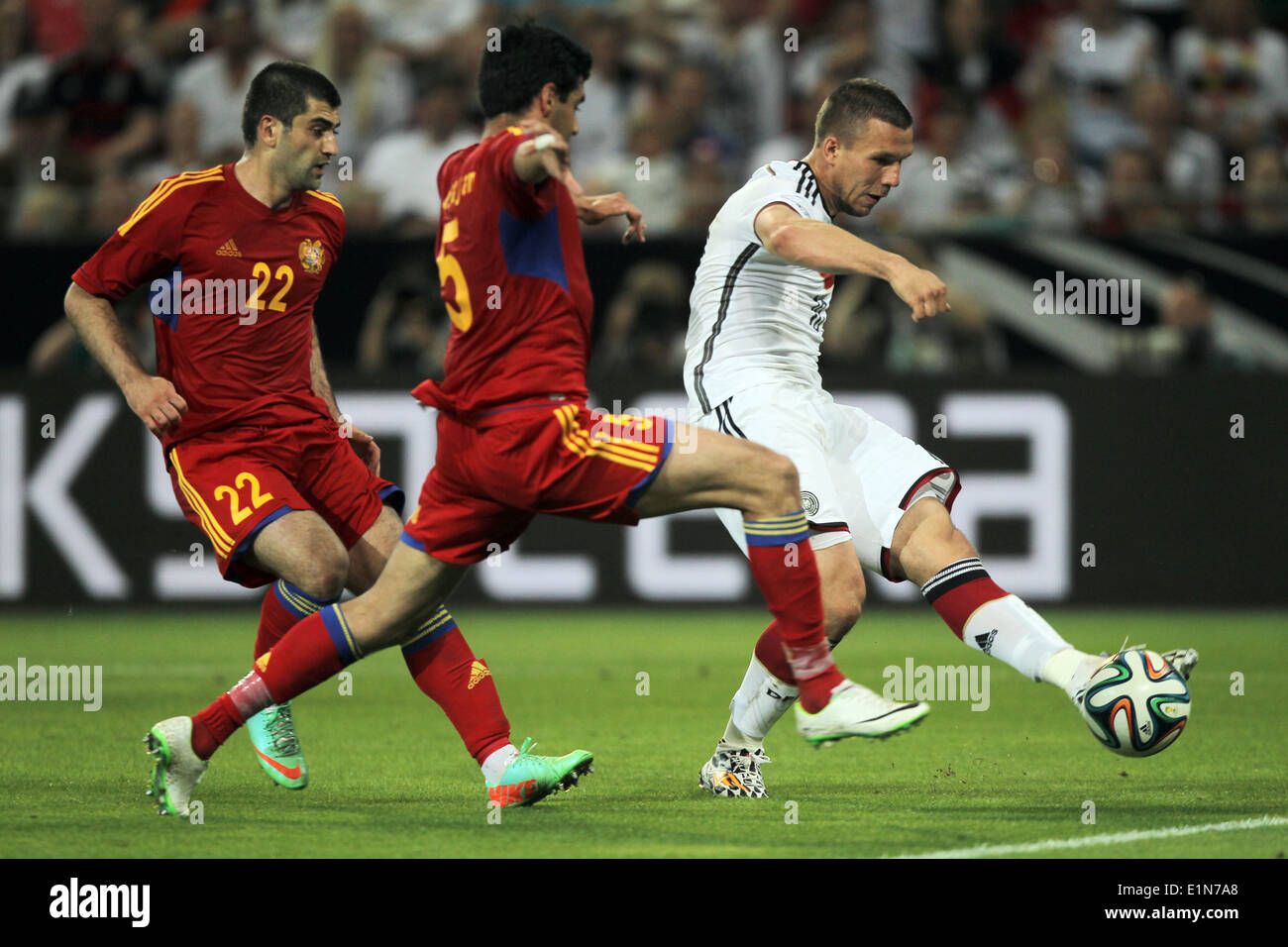Mainz, Germany. 06th June, 2014. Germany's Lukas Podolski in action during the international friendly match between Germany and Armenia at Coface Arena in Mainz, Germany, 06 June 2014. Photo: Fredrik von Erichsen/dpa/Alamy Live News Stock Photo