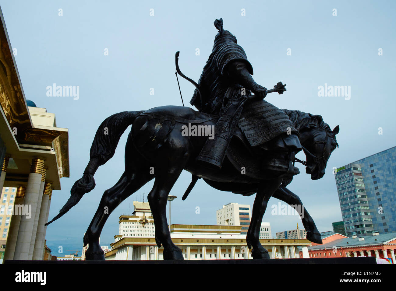 Mongolia, Ulan Bator, Sukhbaatar square, Mongol soldier statue in front of parliament Stock Photo