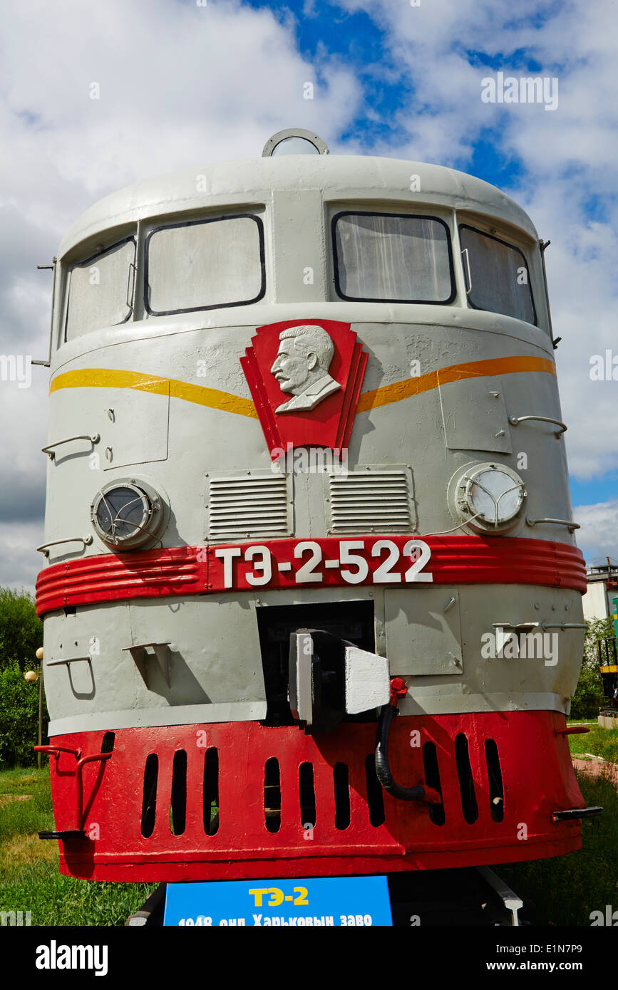 Mongolia, Ulan Bator, railway museum, old locomotive from trans siberian train, dated 1948, Joseph Satlin statue Stock Photo
