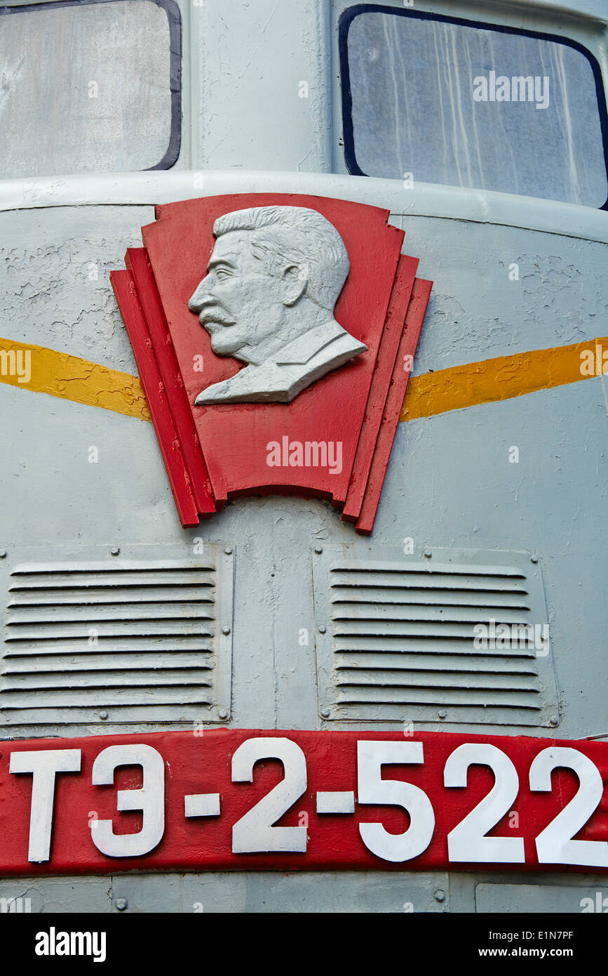 Mongolia, Ulan Bator, railway museum, old locomotive from trans siberian train, dated 1948, Joseph Satlin statue Stock Photo