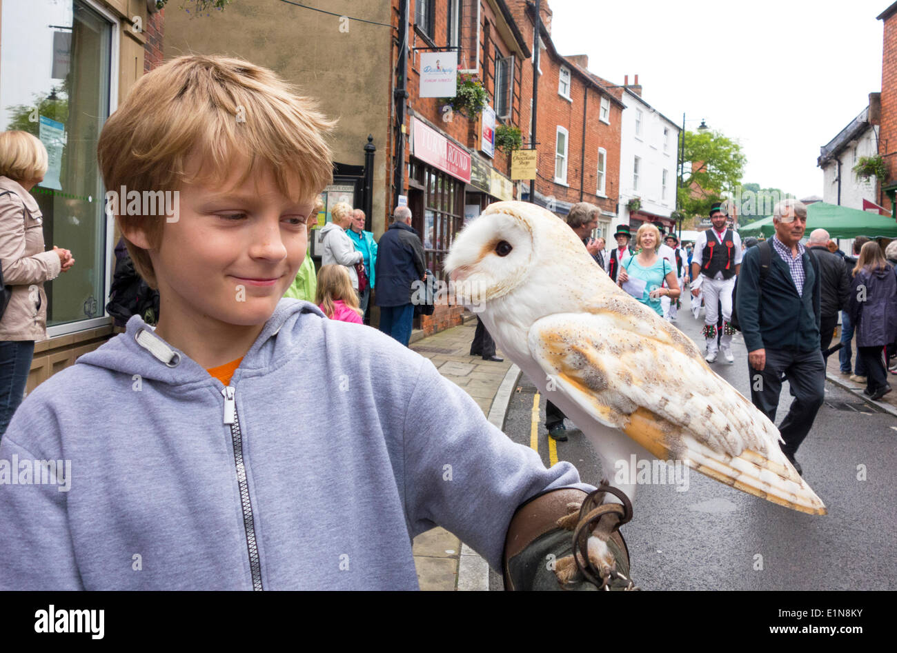 Southwell, Nottinghamshire, U.K. 7th June 2014. A barn owl perched on the arm of a young boy at the Southwell Folk Festival. The annual festival of music and dance has been running since 2007. Credit:  Mark Richardson/Alamy Live News Stock Photo