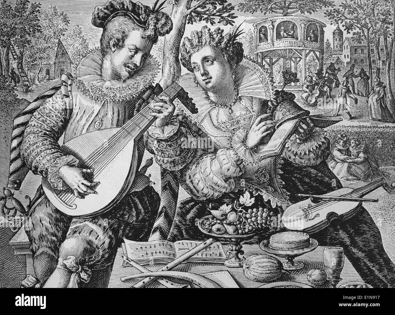 Europe. Renaissance. Musics. Lutanist and violinist. 16th century. Engraving. Stock Photo
