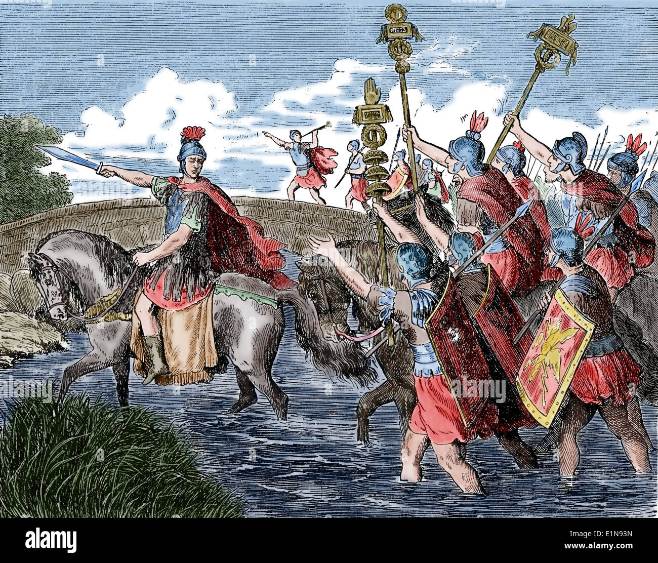 Caesar crossing the Rubicon. 49 Bc. Cyclopedia of Universal History, 1885. Later colouration. Stock Photo