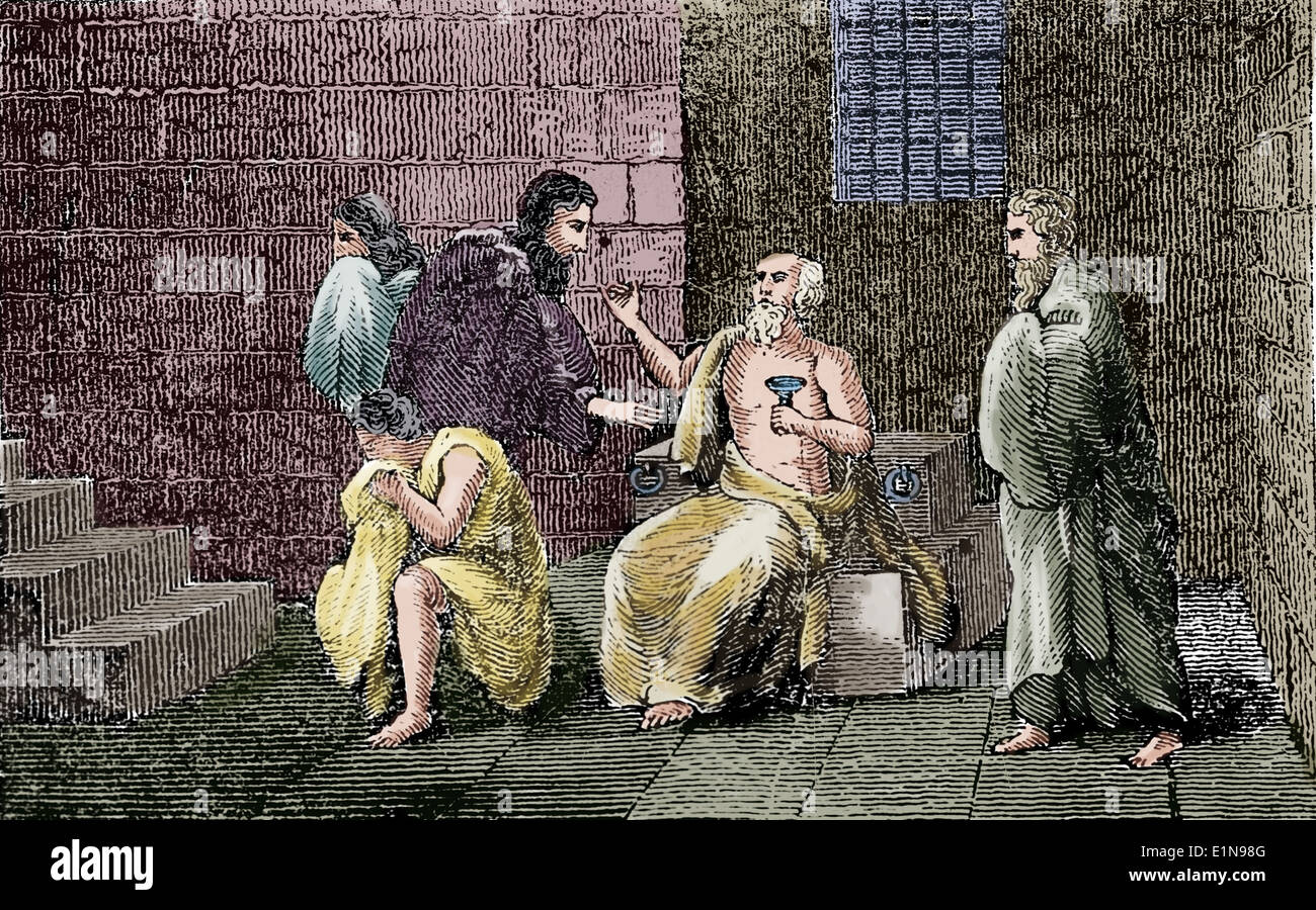 Death of Socrates (469 BC-399 BC) by drinking poison. Classical Greek philosopher. Engraving, 19th century. Later colouration. Stock Photo