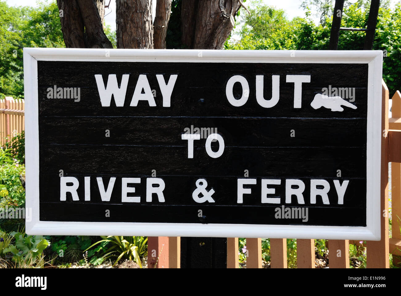 Way Out and To River and Ferry sign at the railway station, Hampton Loade, Shropshire, England, UK, Western Europe. Stock Photo