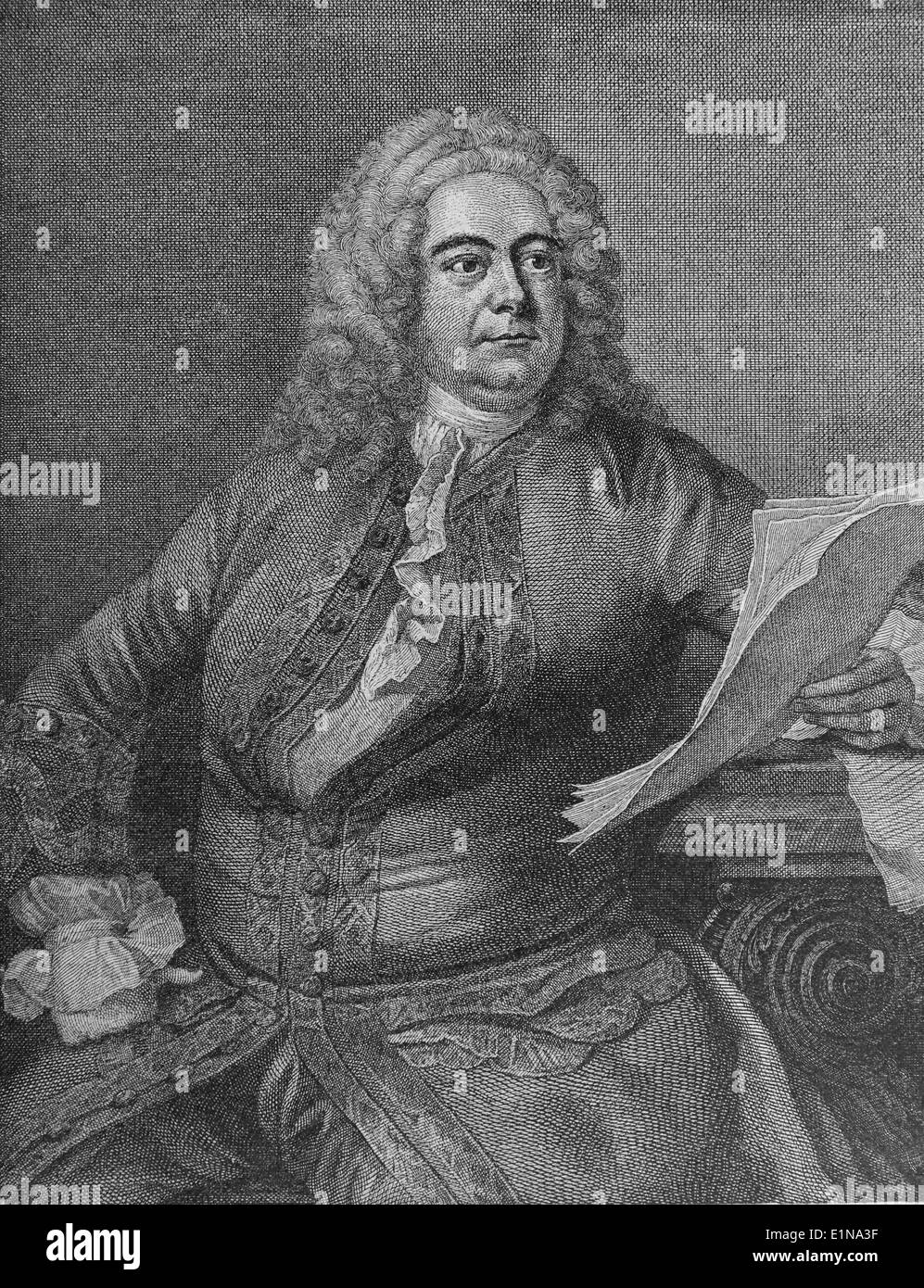 George Frideric Handel (1685-1759). German-born Baroque composer. Engraving. Stock Photo