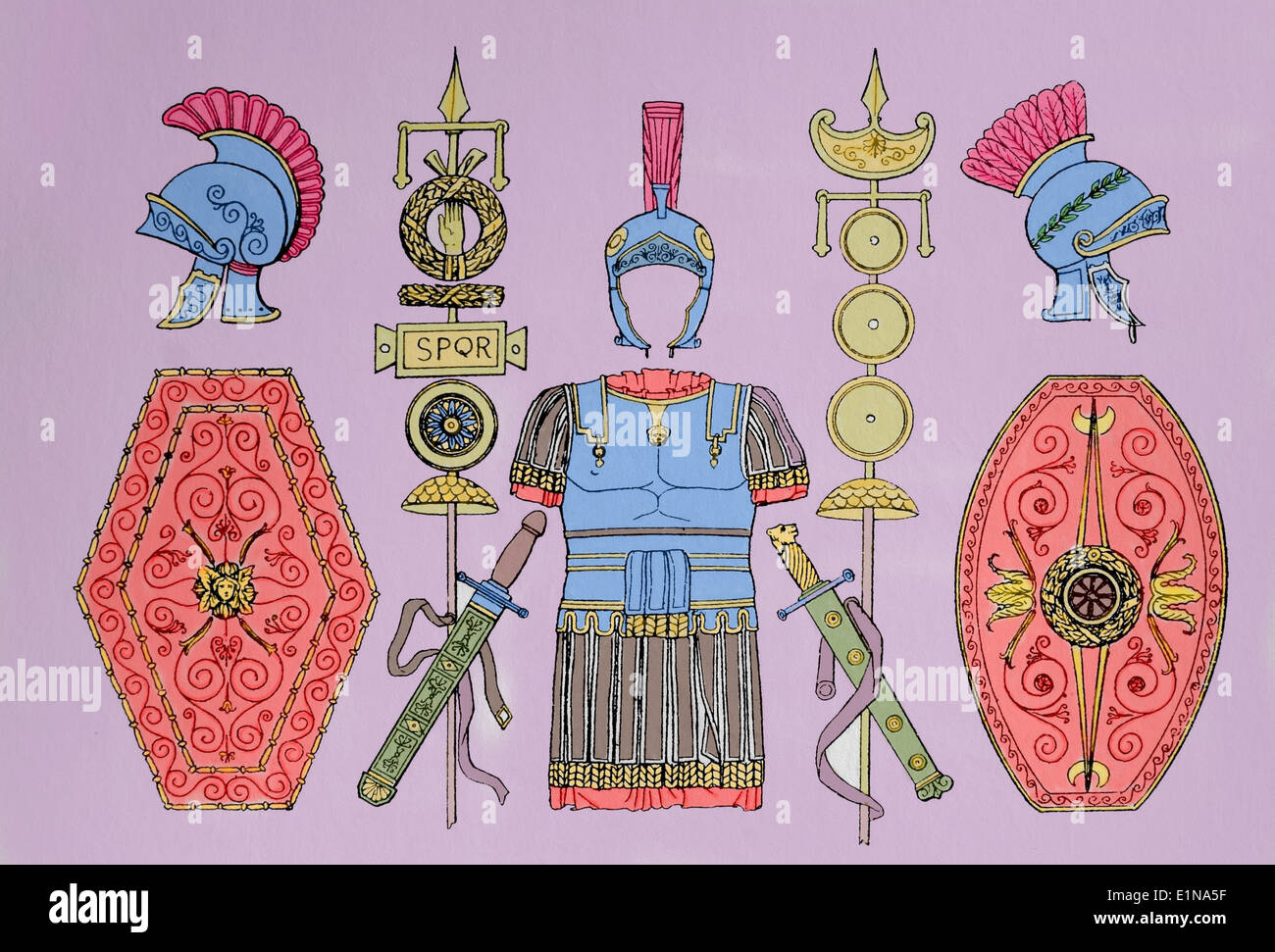 Roman Times. Engraving. Roman army. 19th century. Color. Stock Photo