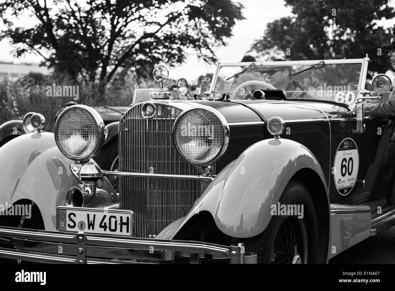 Front of a 1930 Mercedes-Benz 710 SS competing in the mille miglia classic car rally in Italy. Stock Photo