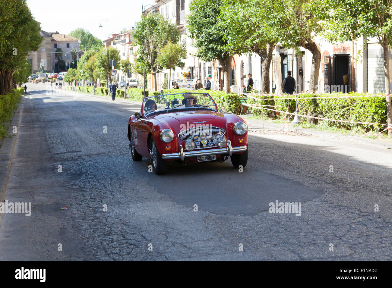 All woman team competing in the classic 1000 miglia car rally in Italy driving an Austin Healey 100/4 BN1 from 1955 Stock Photo
