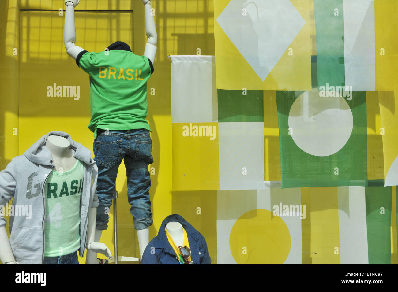 Oxford Street, London, UK. 7th June 2014. GAP Kids window with Brazil flags and T Shirts, ahead of the World Cup. Credit:  Matthew Chattle/Alamy Live News Stock Photo