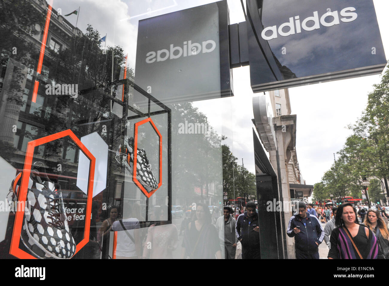 Oxford Street, London, UK. 7th June 2014. Adidas store with World Cup boots  and kit ahead of the World Cup in Brazil. Credit: Matthew Chattle/Alamy  Live News Stock Photo - Alamy