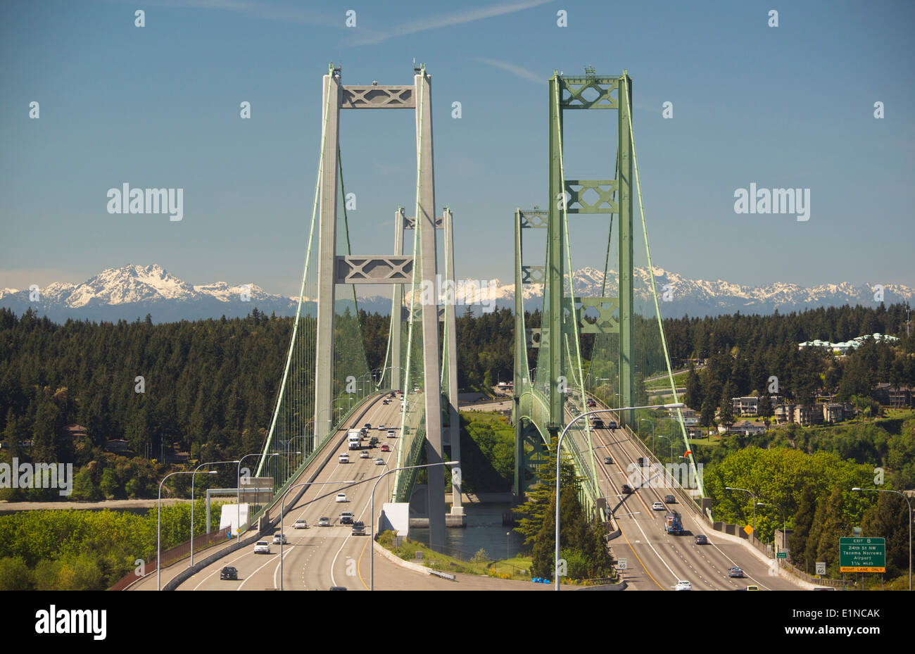 Tacoma Narrows Bridge, Puget Sound, Tacoma, Washington, Olympic Mountains behind. Stock Photo