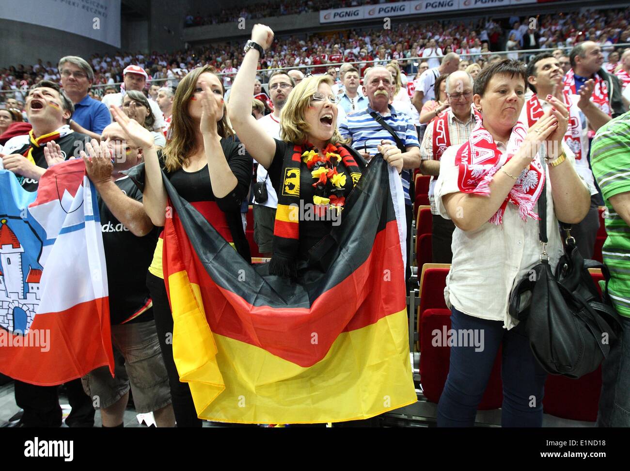 Gdansk, Poland 7th, June 2014 Quatar 2015 Men's World Handball Championship Play Off game between Poland and Germany at ERGO Arena sports hall. German fans react during the game. Credit:  Michal Fludra/Alamy Live News Stock Photo