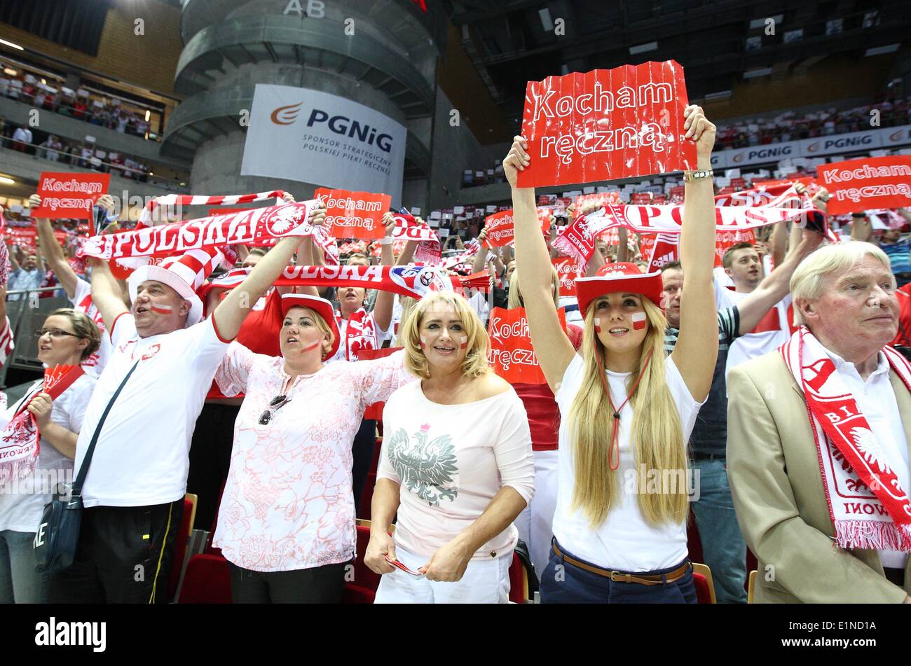 Gdansk, Poland 7th, June 2014 Quatar 2015 Men's World Handball Championship Play Off game between Poland and Germany at ERGO Arena sports hall. Polish fans react during the game. Credit:  Michal Fludra/Alamy Live News Stock Photo