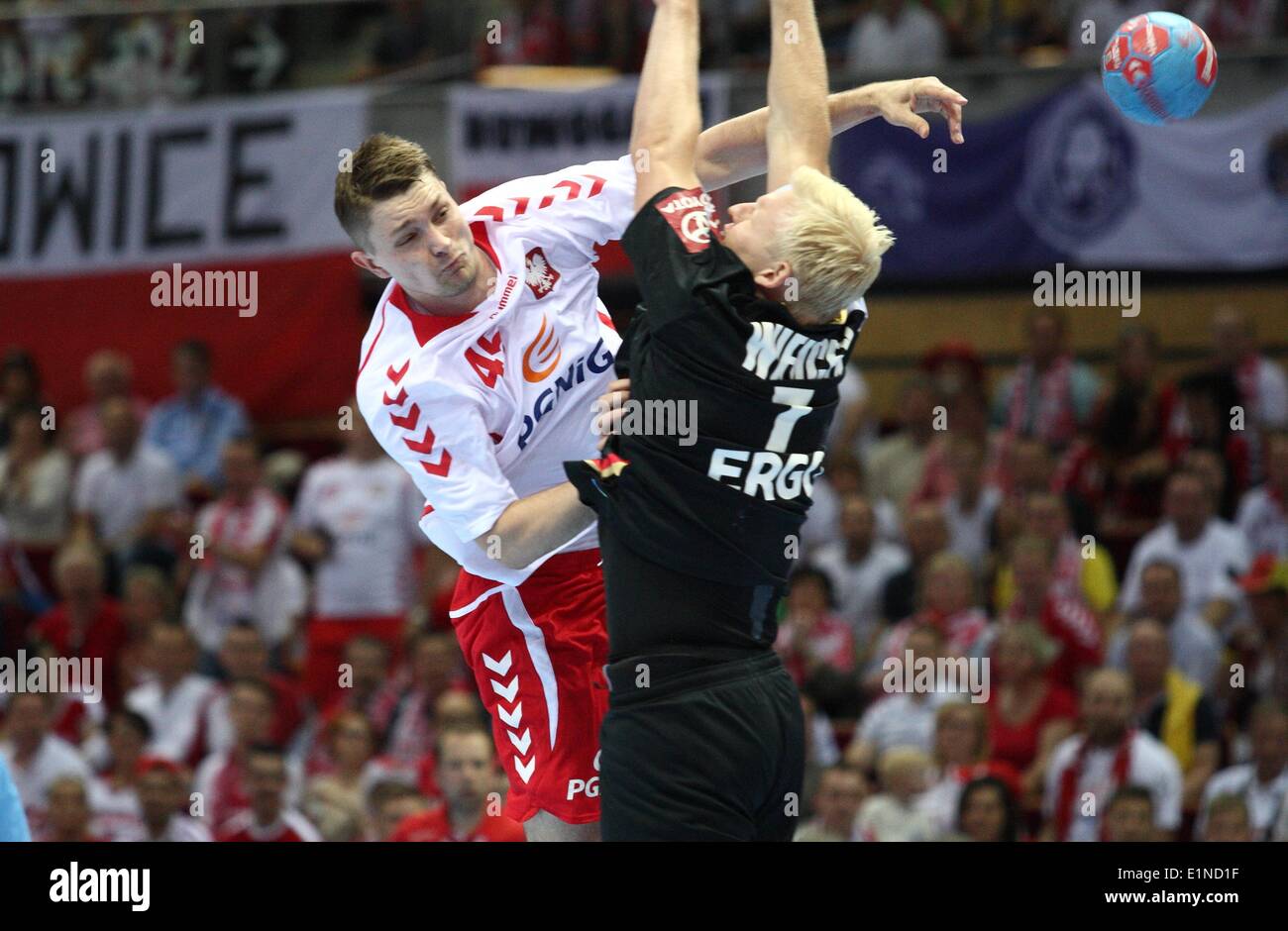 Gdansk, Poland 7th, June 2014 Quatar 2015 Men's World Handball Championship Play Off game between Poland and Germany at ERGO Arena sports hall. Michal Szyba (45) in action during the game. Credit:  Michal Fludra/Alamy Live News Stock Photo