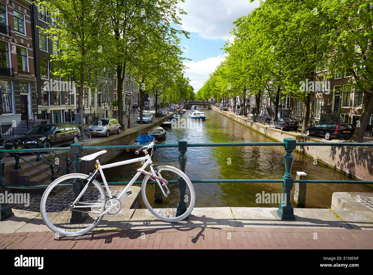 View at bicycle and canal - Amsterdam, Holland Netherlands Stock Photo
