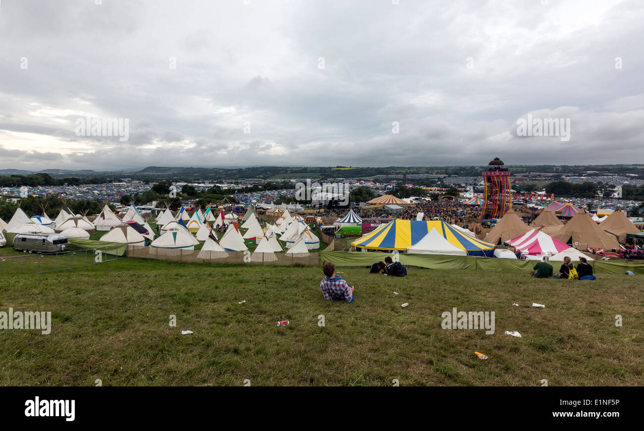 View of Glastonbury Festival 2013 from the viewing area Stock Photo