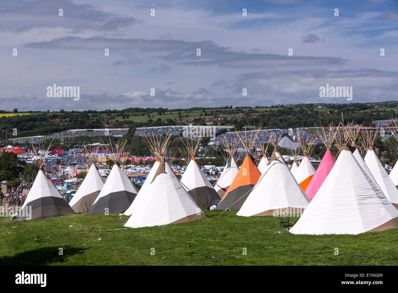 Tipi  Village. view of Glastonbury Festival 2013 Stock Photo