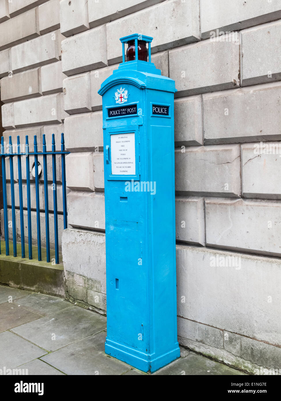 Blue police public call post, an original free police telephone box, by Mansion House, City of London Stock Photo