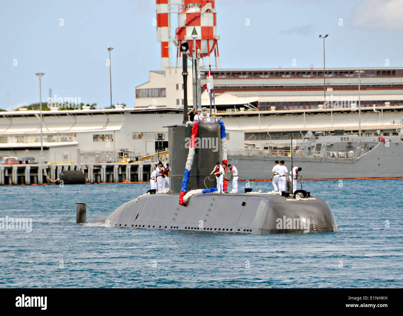 The Republic of Korean Chang Bogo Class diesel-electric attack submarine Lee Sun Sin pulls into Joint Base Pearl Harbor-Hickam to participate in the Rim of the Pacific exercises June 6, 2014 in Honolulu, Hawaii. Stock Photo