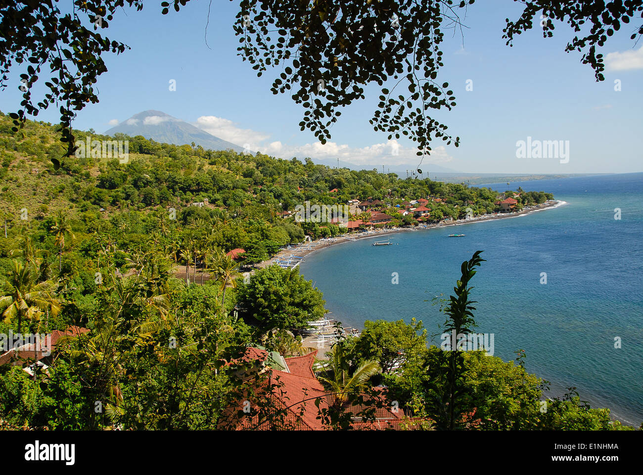 view at the bay of Amed on Bali with vulcano Gunung Agung in the back Stock Photo