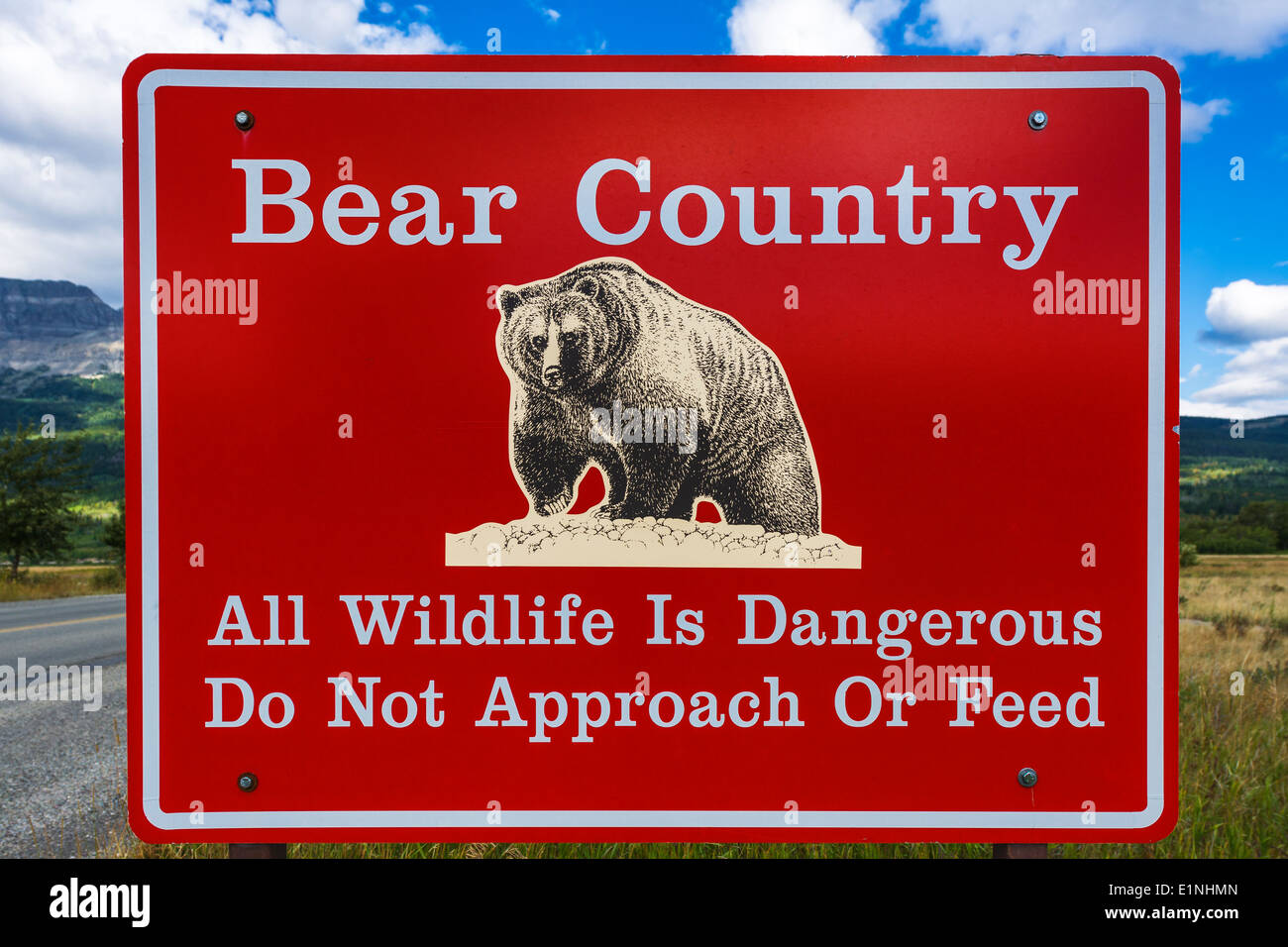 Bear country warning sign, Glacier National Park, Montana USA Stock