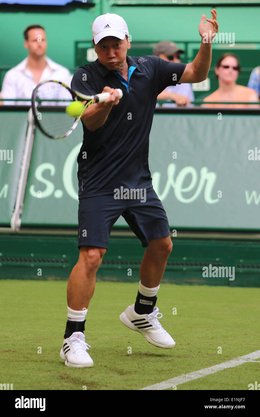 Germany. 07th June, 2014. Michael Chang (USA) hits a forehand during the Champions  Trophy Gerry-Weber-Stadion, Halle / Westfalen, Germany on 07.06.2014. He  played with Julia Goerges (GER) vs. Andrea Petkovic (GER) /