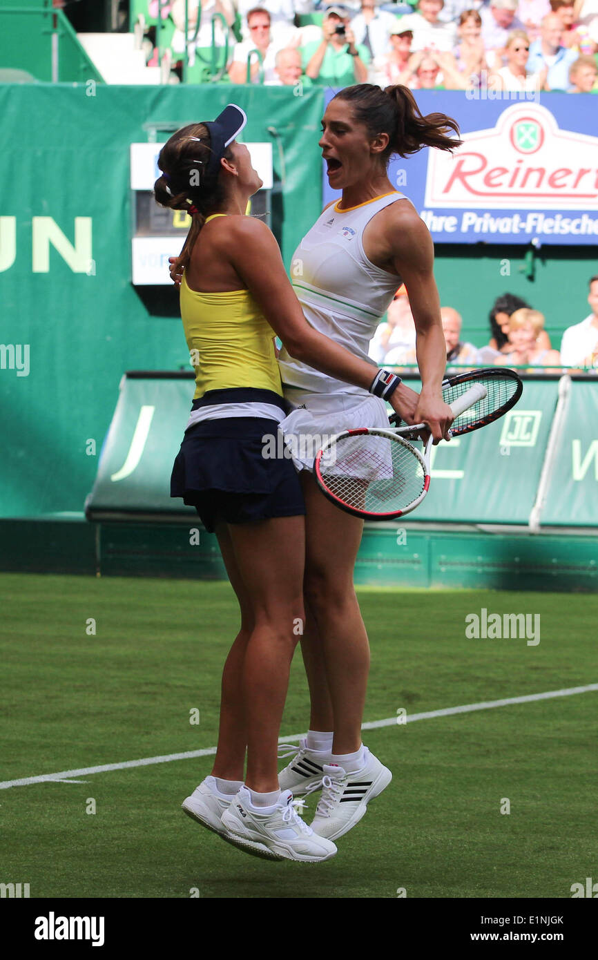 Germany. 07th June, 2014. Andrea Petkovic (GER) and Julia Goerges (GER)  celebrating a point during the Champions Trophy Gerry-Weber-Stadion, Halle  / Westfalen, Germany on 07.06.2014. They were playing with Michael Chang  (USA)