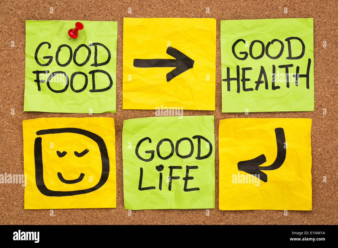 healthy lifestyle concept - good food, health and life - reminder words handwritten of sticky notes Stock Photo