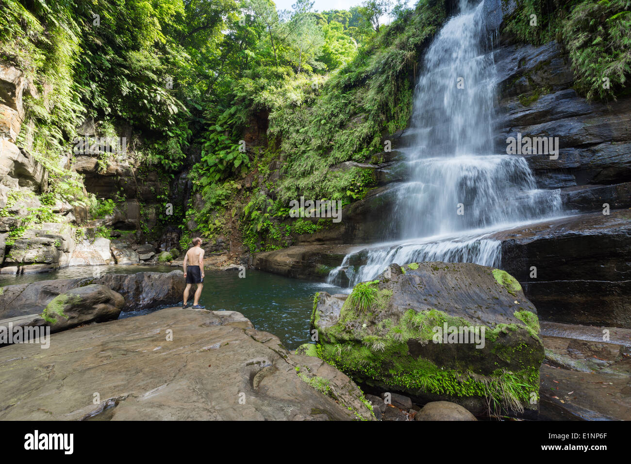 Man at admiring huge Jungle waterfall hidden in lush green rain forest of Iriomote island, Okinawa, tropical Japan Stock Photo