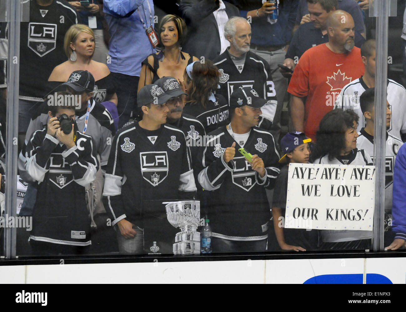 Staples Center, Los Angeles, California, USA. 07th June, 2014. Kings fans during pre-skate prior to game 2 of the Stanley Cup Final between the New York Rangers and the Los Angeles Kings at Staples Center in Los Angeles, CA. Stock Photo