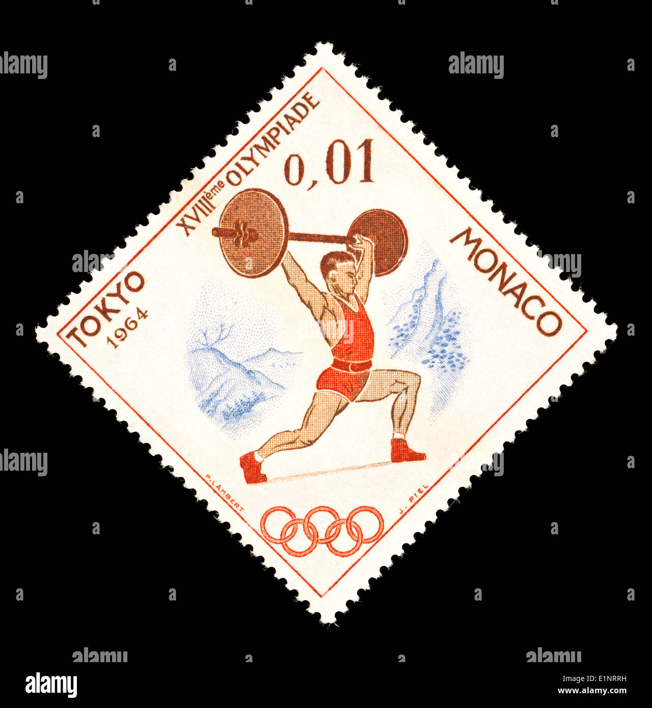 Postage stamp from Monaco depicting a weightlifter, issued for the 1964 Summer Olympics in Tokyo. Stock Photo