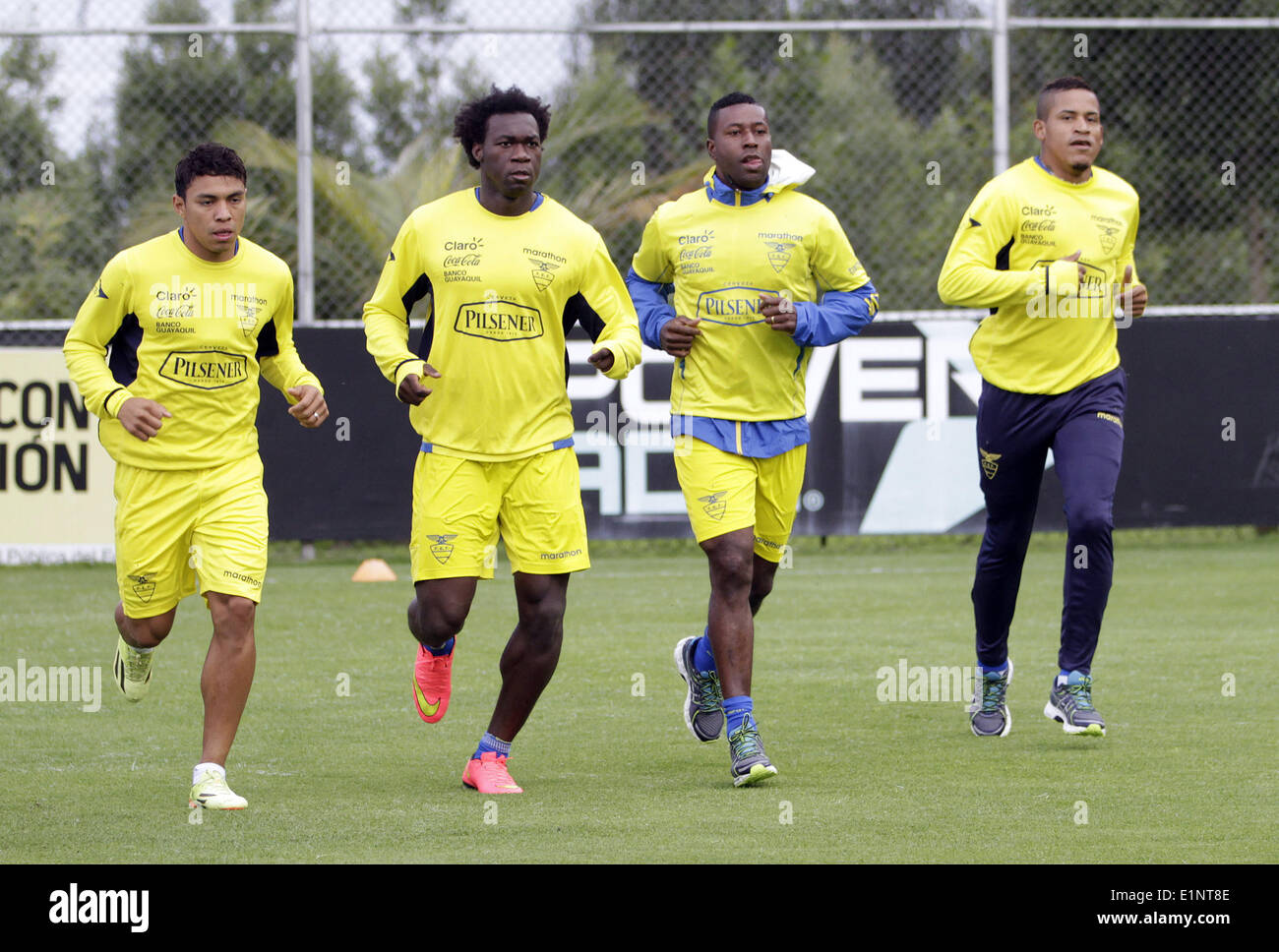 Quito, Ecuador. 7th June, 2014. Players of the Ecuadorian national soccer team take part in a training session at the team's headquarters in Quito, capital of Ecuador, on June 7, 2014. The Ecuadorian national soccer team is training for the World Cup Brazil 2014. © Str/Xinhua/Alamy Live News Stock Photo