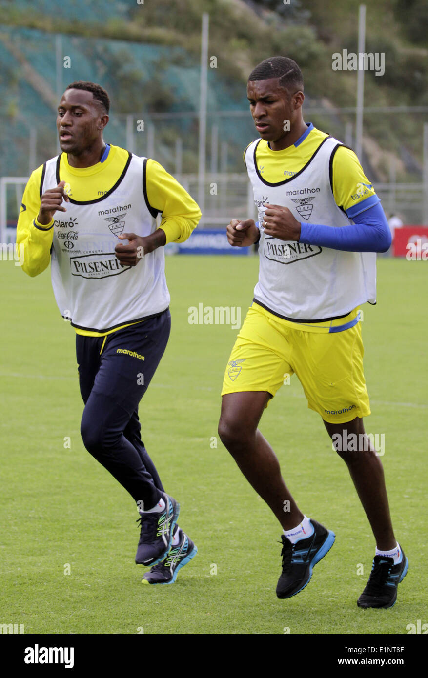 Quito, Ecuador. 7th June, 2014. Players Jaime Ayovi (L) and Frickson Erazo of the Ecuadorian national soccer team take part in a training session at the team's headquarters in Quito, capital of Ecuador, on June 7, 2014. The Ecuadorian national soccer team is training for the World Cup Brazil 2014. © Str/Xinhua/Alamy Live News Stock Photo